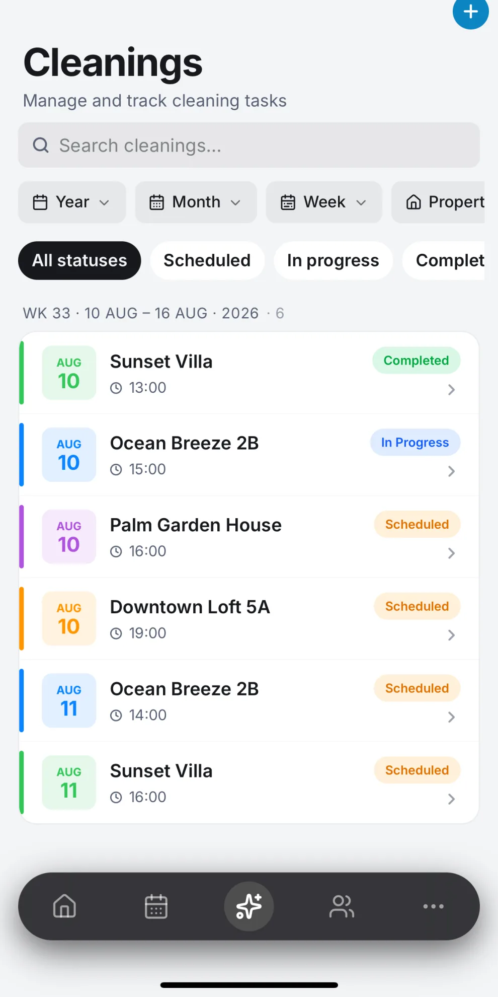 The Vivaclean app listing the week's cleanings, each with its property and status