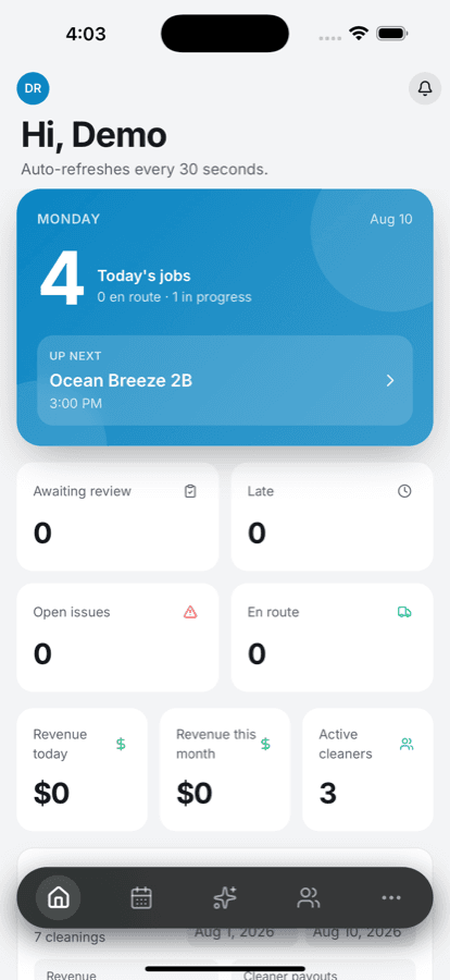 The cleaner app showing today's jobs
