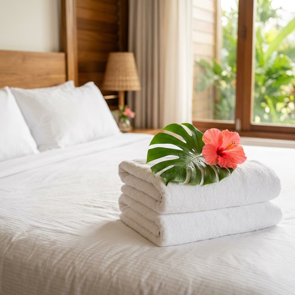 Boutique guest folded towels decorated with a tropical flower and leaf on a crisp white bed setup
