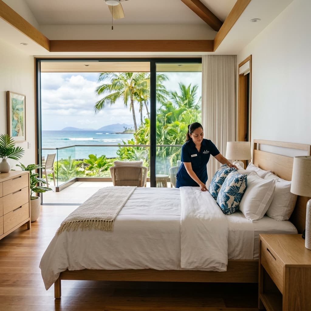 Professional housekeeper dressing a luxury bed in a tropical Hawaii vacation rental room with an ocean view in the background