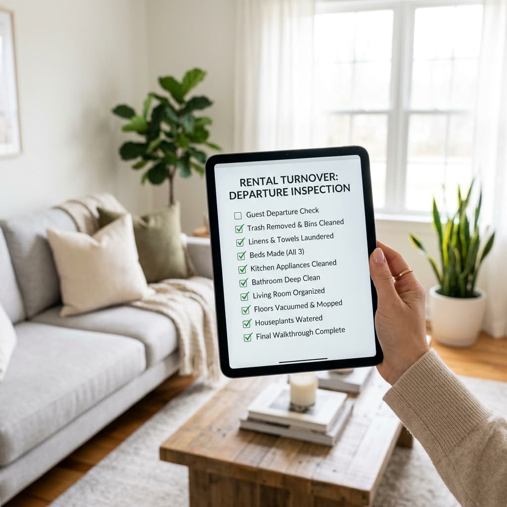 Housekeeper checking off checklist items on a digital tablet in a clean room