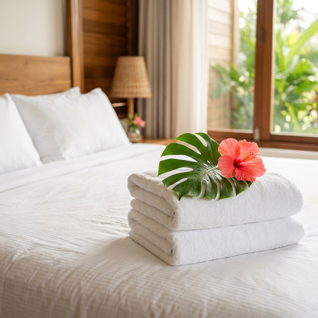 Neat luxury towel setup with tropical flower on bed